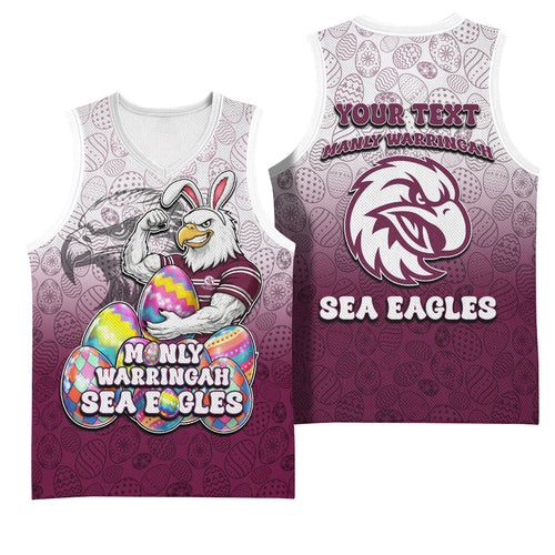 Personalized Manly Warringah Sea Eagles Basketball Jersey Easter Mascot - Colorful Eggs Cartoon Style