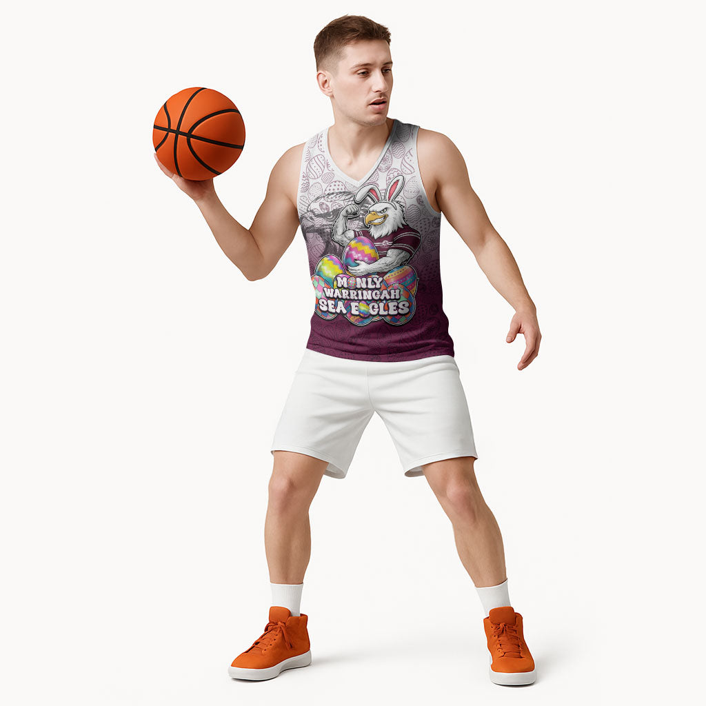 Personalized Manly Warringah Sea Eagles Basketball Jersey Easter Mascot - Colorful Eggs Cartoon Style