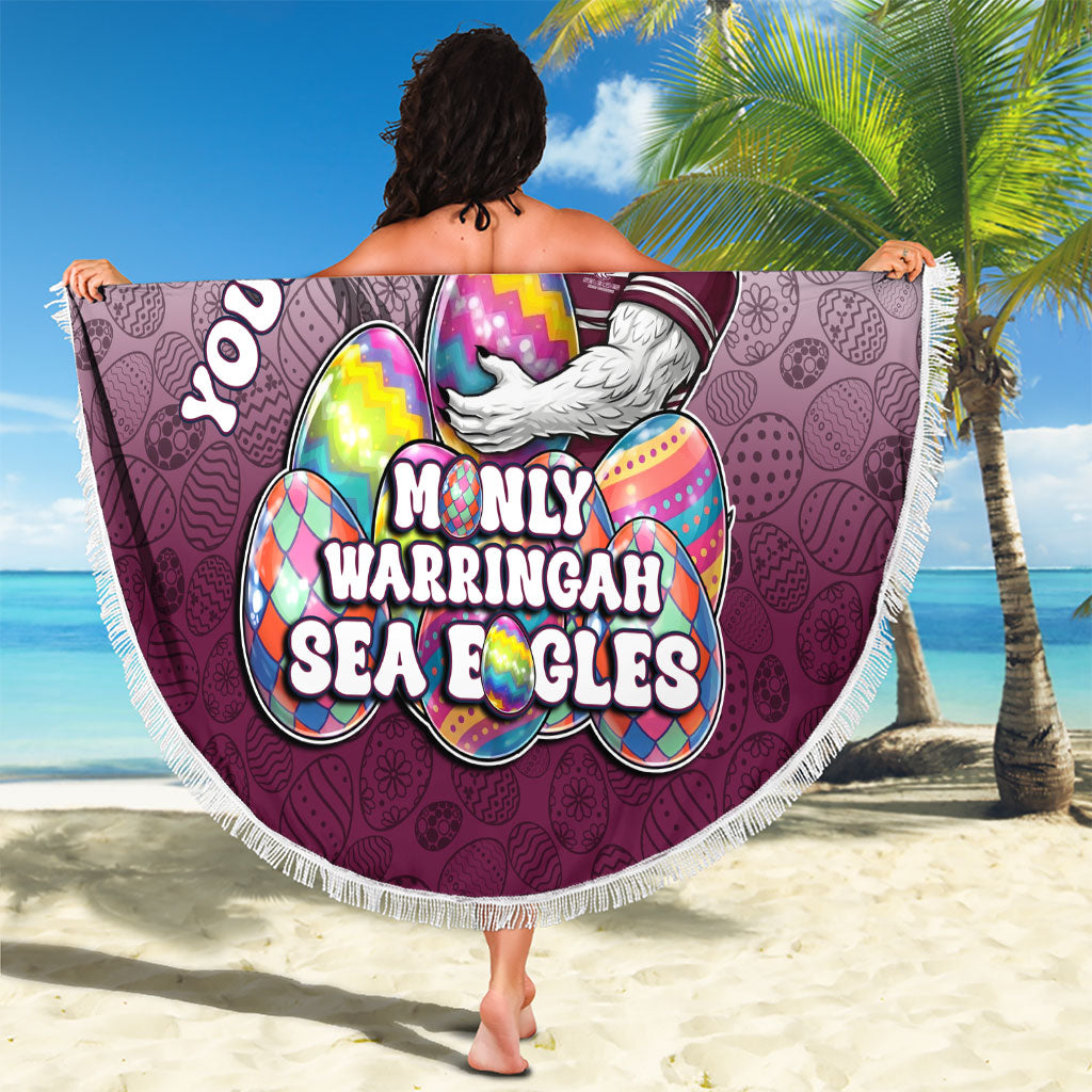 Personalized Manly Warringah Sea Eagles Beach Blanket Easter Mascot - Colorful Eggs Cartoon Style