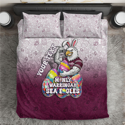 Personalized Manly Warringah Sea Eagles Bedding Set Easter Mascot - Colorful Eggs Cartoon Style