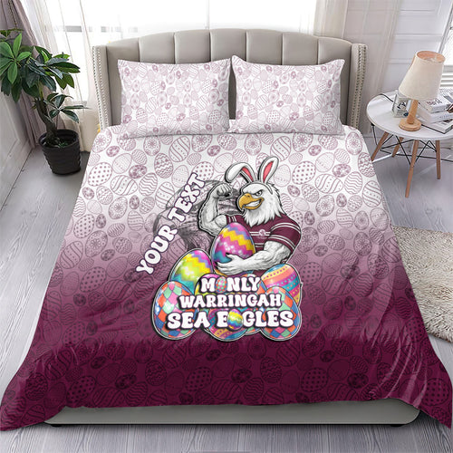 Personalized Manly Warringah Sea Eagles Bedding Set Easter Mascot - Colorful Eggs Cartoon Style