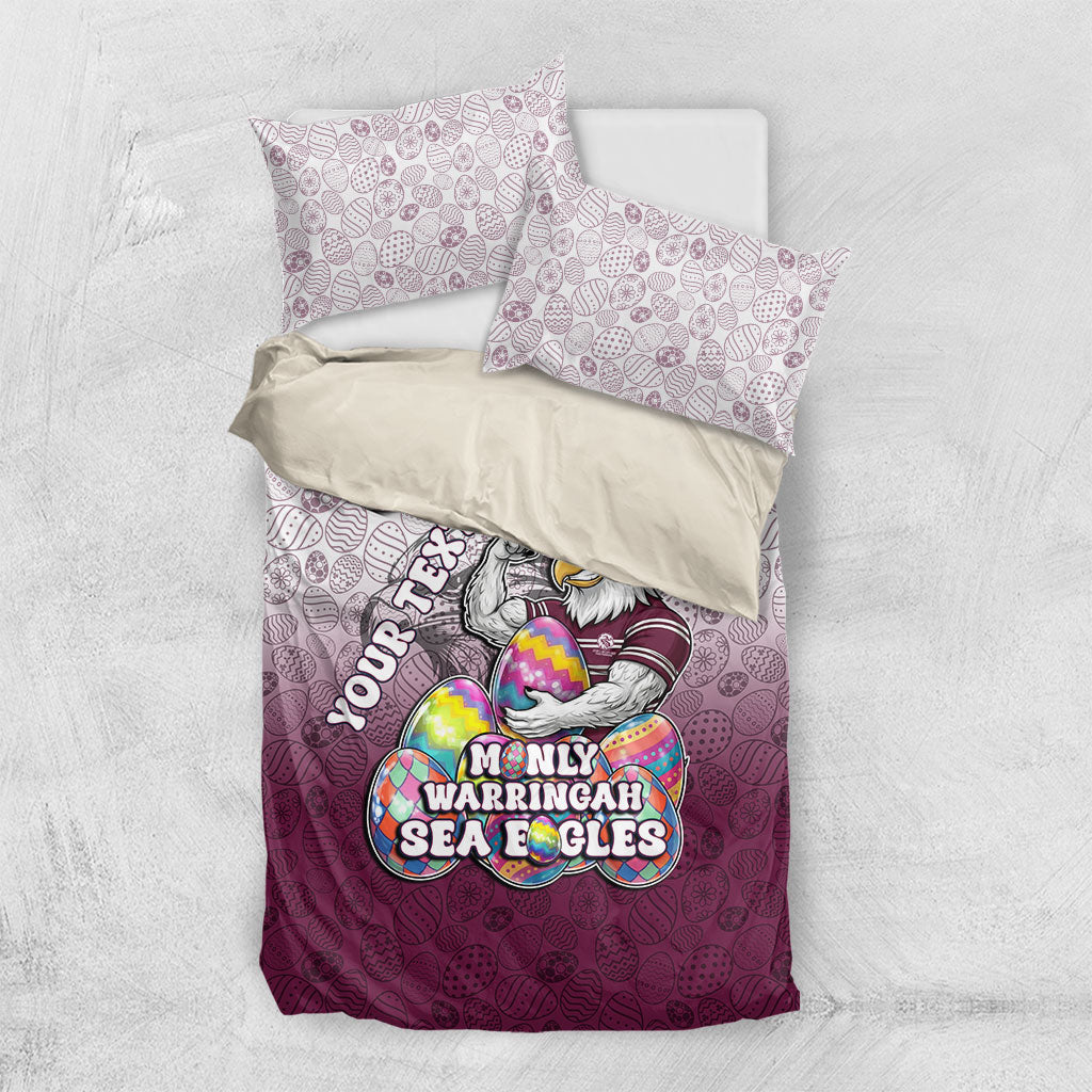 Personalized Manly Warringah Sea Eagles Bedding Set Easter Mascot - Colorful Eggs Cartoon Style