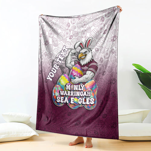 Personalized Manly Warringah Sea Eagles Blanket Easter Mascot - Colorful Eggs Cartoon Style