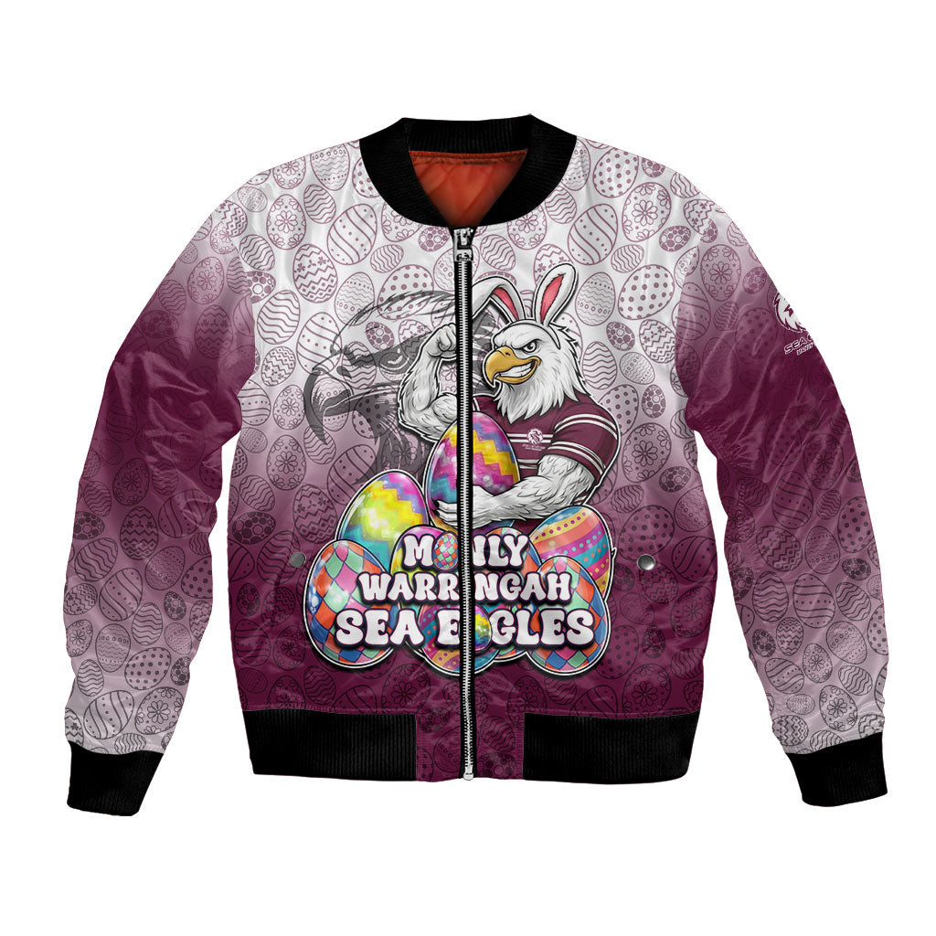 Personalized Manly Warringah Sea Eagles Bomber Jacket Easter Mascot - Colorful Eggs Cartoon Style
