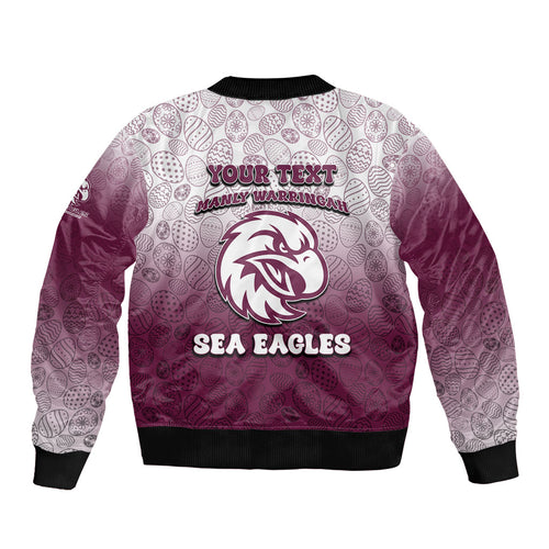 Personalized Manly Warringah Sea Eagles Bomber Jacket Easter Mascot - Colorful Eggs Cartoon Style