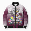 Personalized Manly Warringah Sea Eagles Bomber Puffer Jacket Easter Mascot - Colorful Eggs Cartoon Style