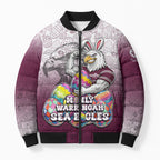 Personalized Manly Warringah Sea Eagles Bomber Puffer Jacket Easter Mascot - Colorful Eggs Cartoon Style
