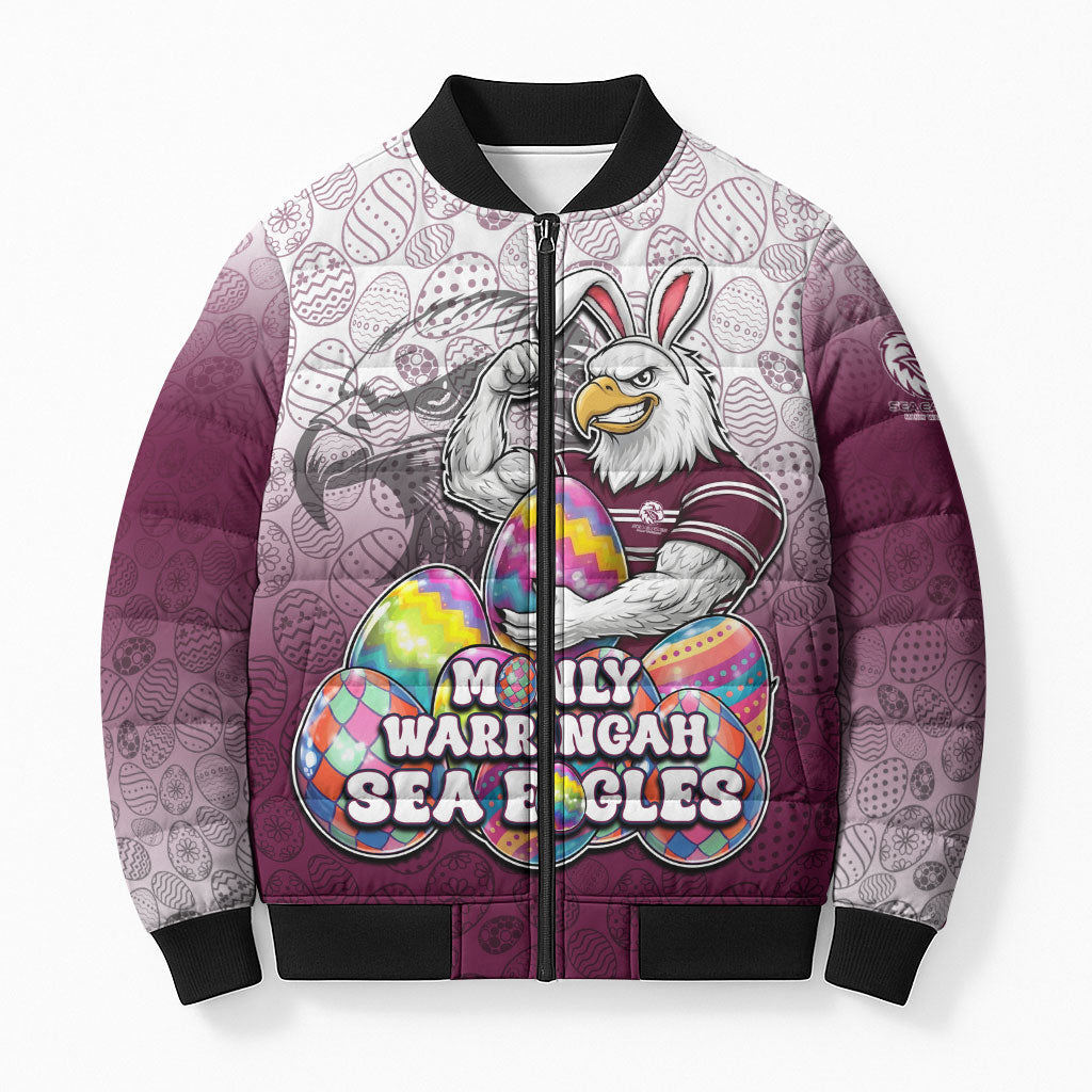 Personalized Manly Warringah Sea Eagles Bomber Puffer Jacket Easter Mascot - Colorful Eggs Cartoon Style