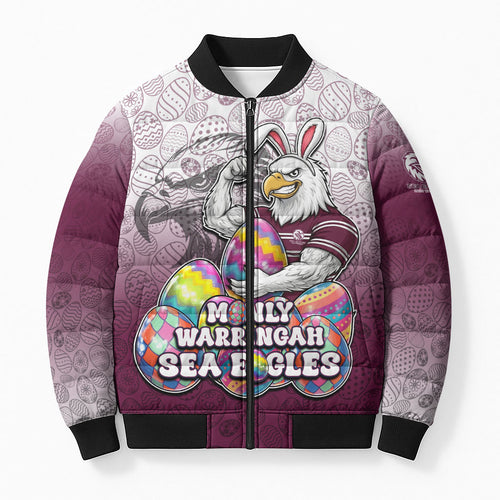 Personalized Manly Warringah Sea Eagles Bomber Puffer Jacket Easter Mascot - Colorful Eggs Cartoon Style