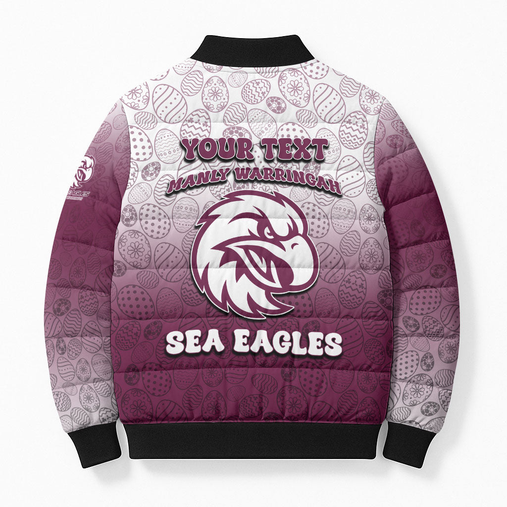 Personalized Manly Warringah Sea Eagles Bomber Puffer Jacket Easter Mascot - Colorful Eggs Cartoon Style