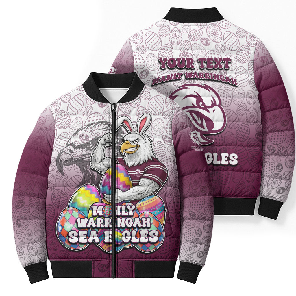 Personalized Manly Warringah Sea Eagles Bomber Puffer Jacket Easter Mascot - Colorful Eggs Cartoon Style