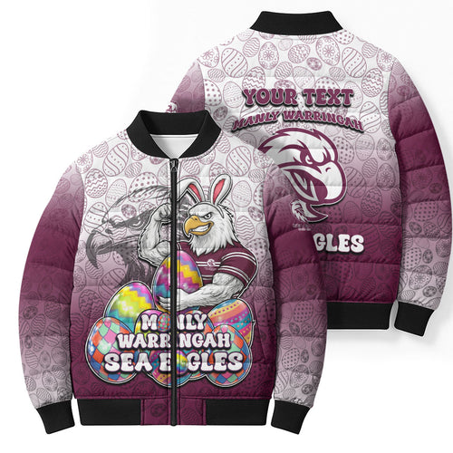 Personalized Manly Warringah Sea Eagles Bomber Puffer Jacket Easter Mascot - Colorful Eggs Cartoon Style