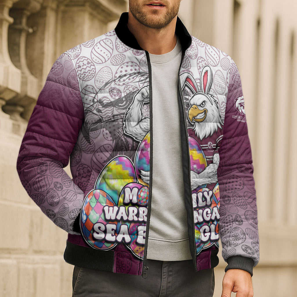 Personalized Manly Warringah Sea Eagles Bomber Puffer Jacket Easter Mascot - Colorful Eggs Cartoon Style