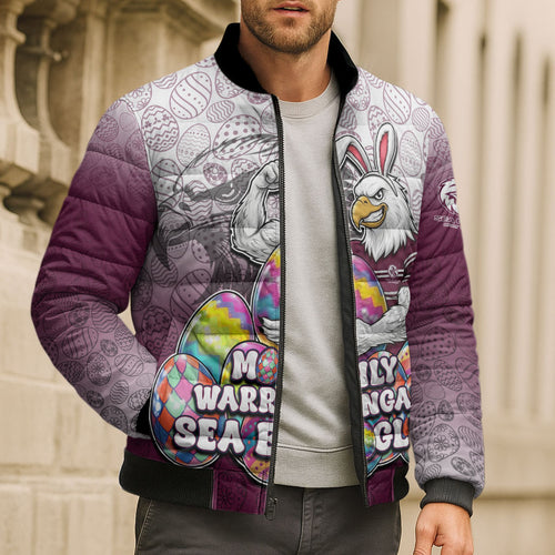 Personalized Manly Warringah Sea Eagles Bomber Puffer Jacket Easter Mascot - Colorful Eggs Cartoon Style