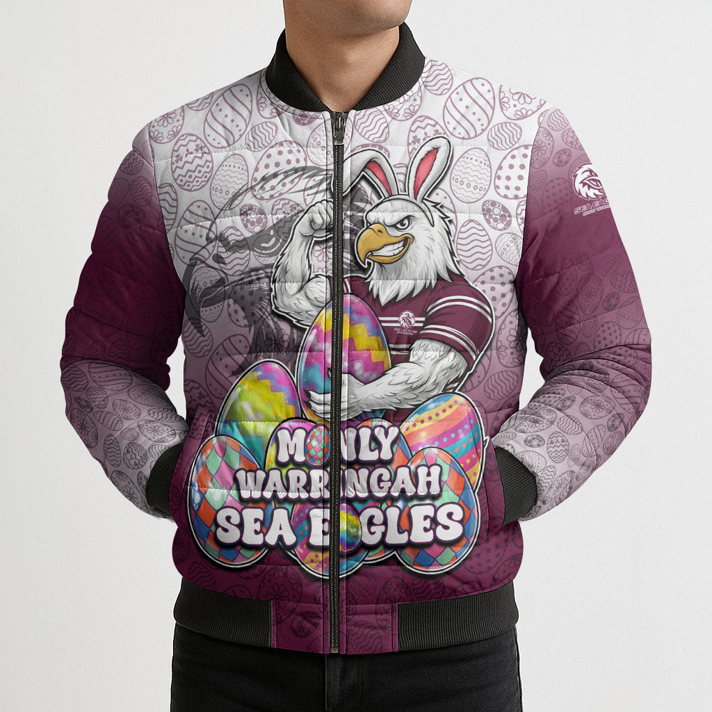 Personalized Manly Warringah Sea Eagles Bomber Puffer Jacket Easter Mascot - Colorful Eggs Cartoon Style