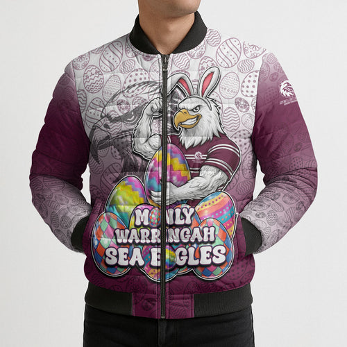 Personalized Manly Warringah Sea Eagles Bomber Puffer Jacket Easter Mascot - Colorful Eggs Cartoon Style