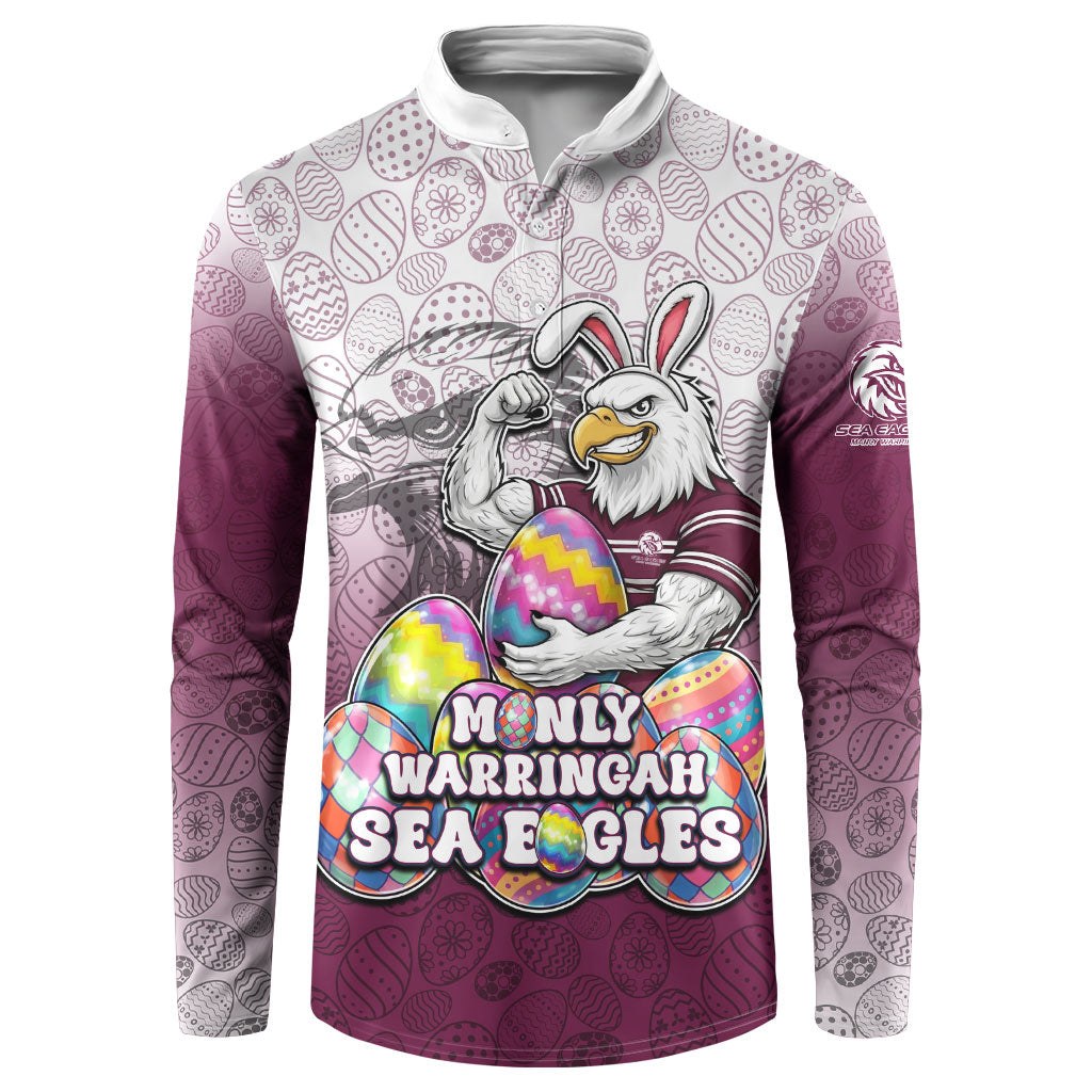 Personalized Manly Warringah Sea Eagles Button Sweatshirt Easter Mascot - Colorful Eggs Cartoon Style