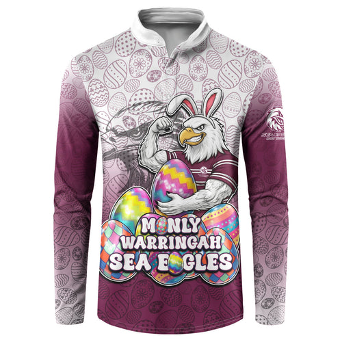 Personalized Manly Warringah Sea Eagles Button Sweatshirt Easter Mascot - Colorful Eggs Cartoon Style