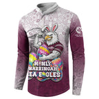 Personalized Manly Warringah Sea Eagles Button Sweatshirt Easter Mascot - Colorful Eggs Cartoon Style