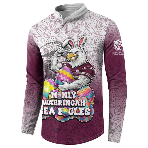 Personalized Manly Warringah Sea Eagles Button Sweatshirt Easter Mascot - Colorful Eggs Cartoon Style