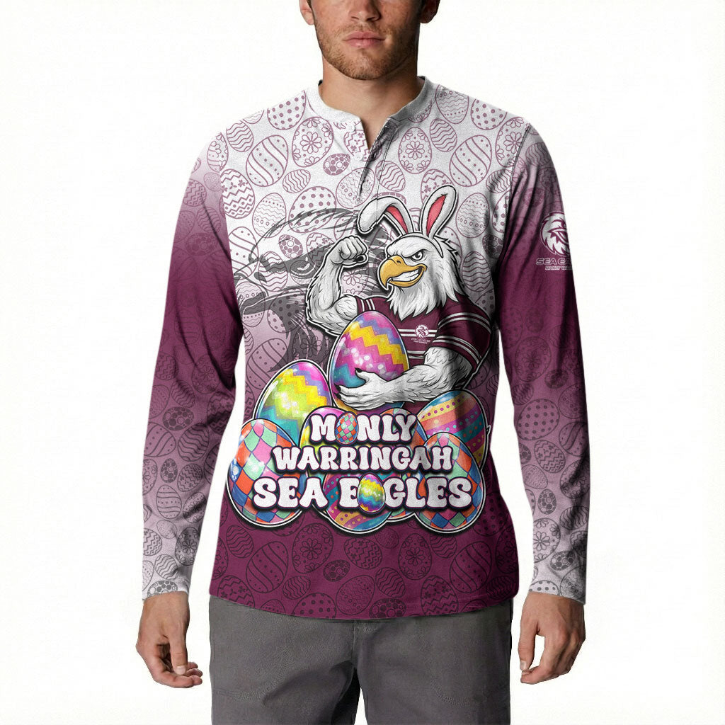 Personalized Manly Warringah Sea Eagles Button Sweatshirt Easter Mascot - Colorful Eggs Cartoon Style