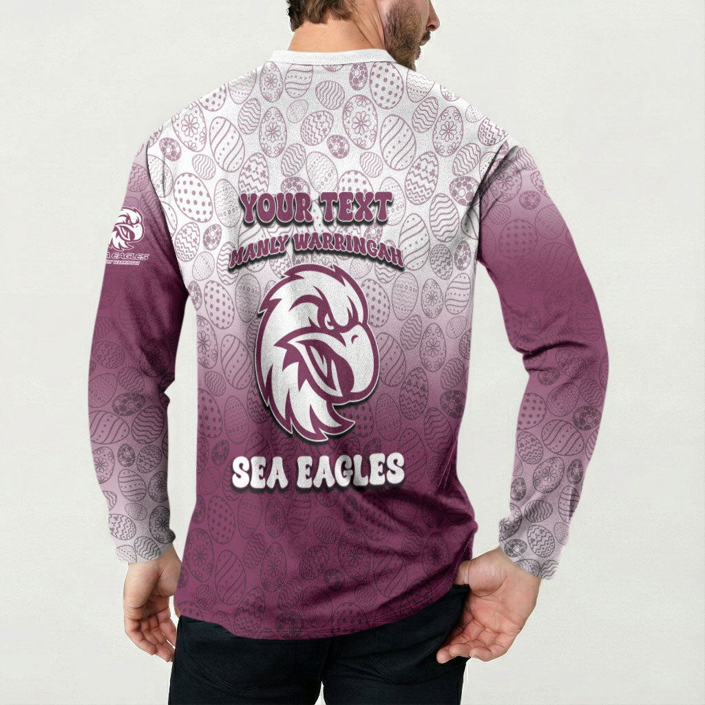 Personalized Manly Warringah Sea Eagles Button Sweatshirt Easter Mascot - Colorful Eggs Cartoon Style