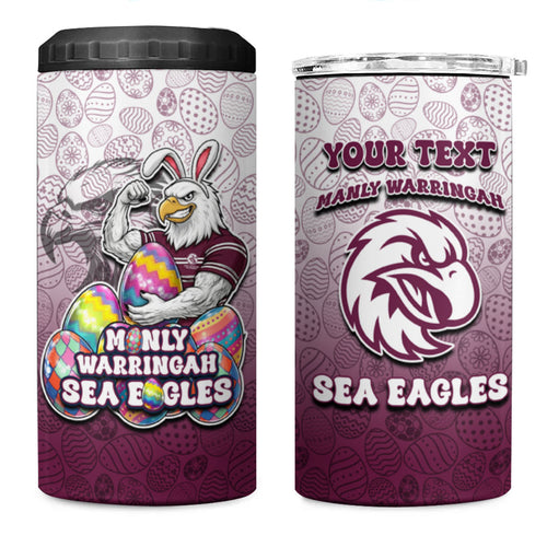 Personalized Manly Warringah Sea Eagles 4 in 1 Can Cooler Tumbler Easter Mascot - Colorful Eggs Cartoon Style