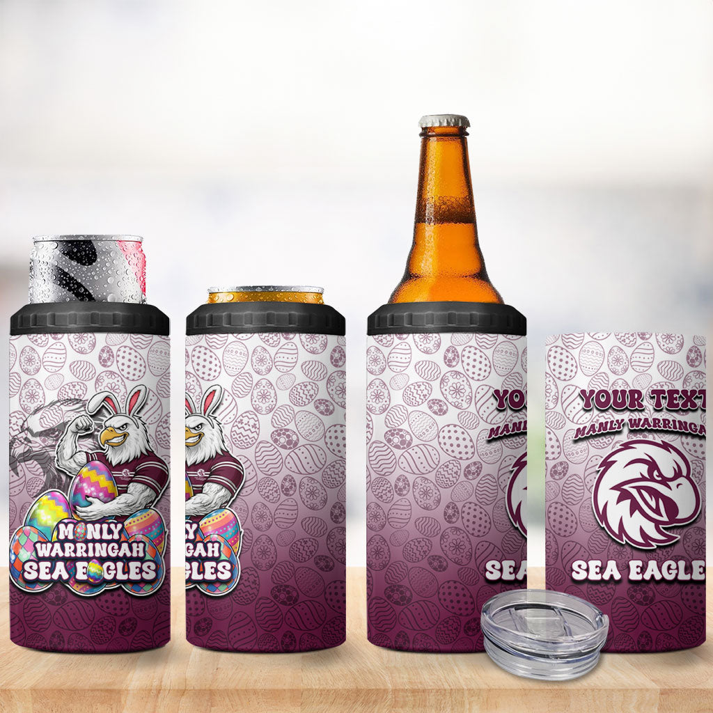 Personalized Manly Warringah Sea Eagles 4 in 1 Can Cooler Tumbler Easter Mascot - Colorful Eggs Cartoon Style