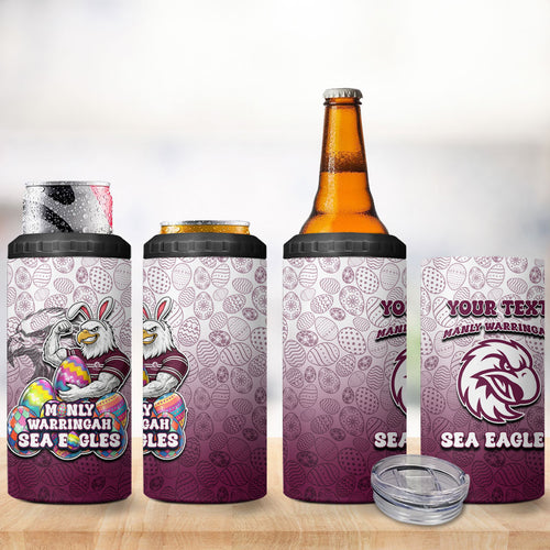 Personalized Manly Warringah Sea Eagles 4 in 1 Can Cooler Tumbler Easter Mascot - Colorful Eggs Cartoon Style