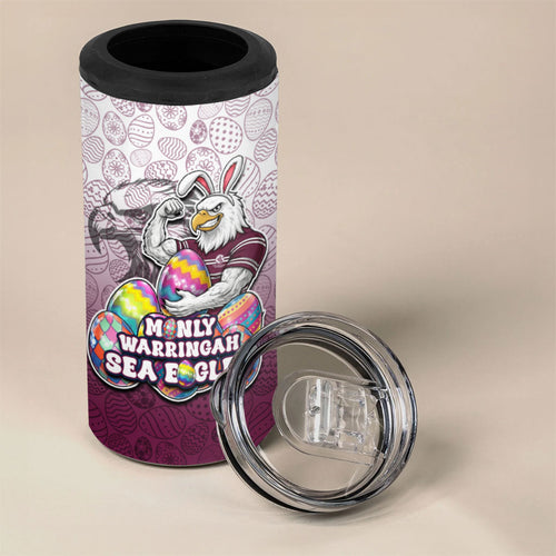 Personalized Manly Warringah Sea Eagles 4 in 1 Can Cooler Tumbler Easter Mascot - Colorful Eggs Cartoon Style
