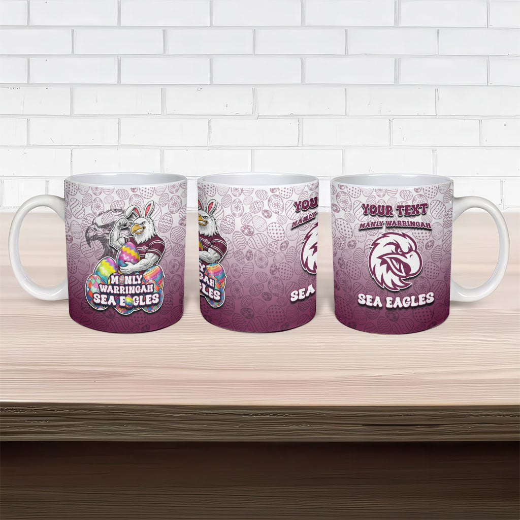 Personalized Manly Warringah Sea Eagles Ceramic Mug Easter Mascot - Colorful Eggs Cartoon Style