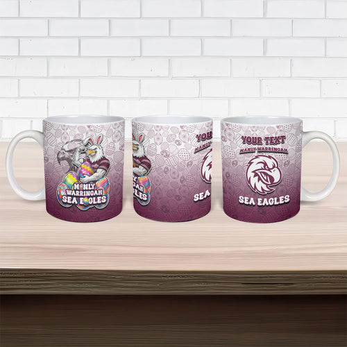 Personalized Manly Warringah Sea Eagles Ceramic Mug Easter Mascot - Colorful Eggs Cartoon Style