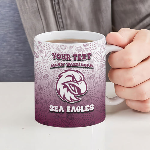 Personalized Manly Warringah Sea Eagles Ceramic Mug Easter Mascot - Colorful Eggs Cartoon Style