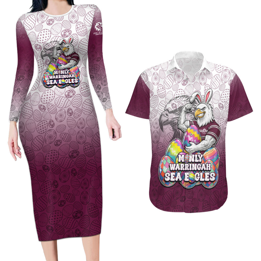 Personalized Manly Warringah Sea Eagles Couples Matching Long Sleeve Bodycon Dress and Hawaiian Shirt Easter Mascot - Colorful Eggs Cartoon Style