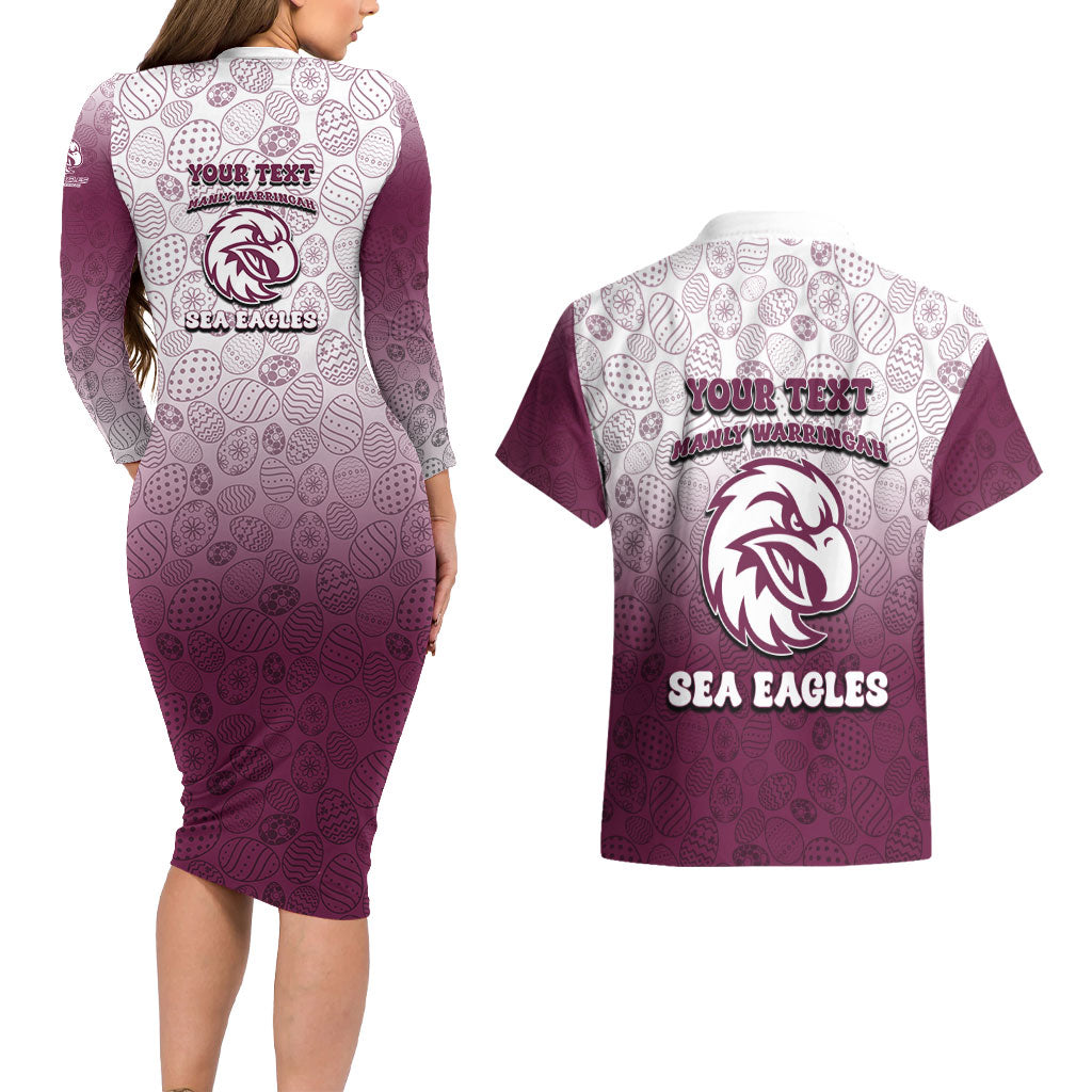 Personalized Manly Warringah Sea Eagles Couples Matching Long Sleeve Bodycon Dress and Hawaiian Shirt Easter Mascot - Colorful Eggs Cartoon Style