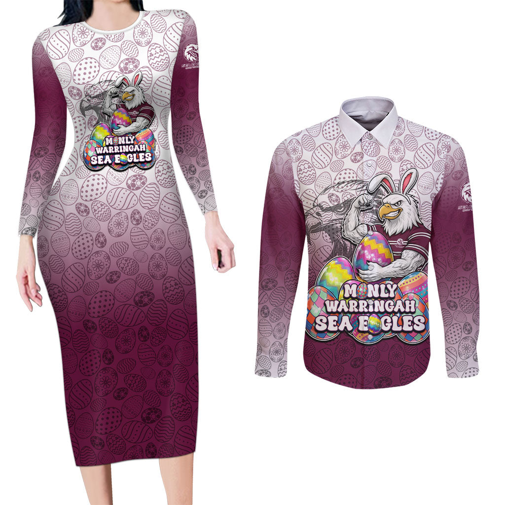 Personalized Manly Warringah Sea Eagles Couples Matching Long Sleeve Bodycon Dress and Long Sleeve Button Shirt Easter Mascot - Colorful Eggs Cartoon Style