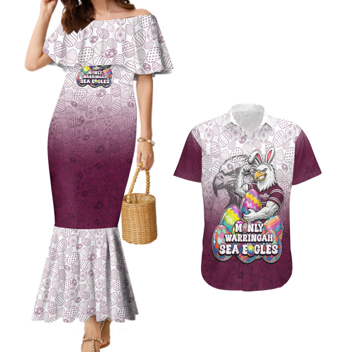 Personalized Manly Warringah Sea Eagles Couples Matching Mermaid Dress and Hawaiian Shirt Easter Mascot - Colorful Eggs Cartoon Style