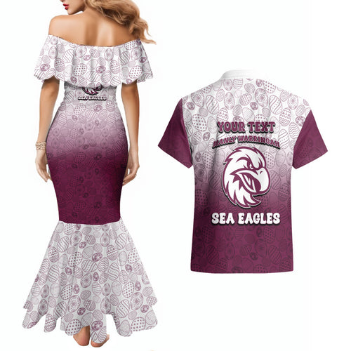 Personalized Manly Warringah Sea Eagles Couples Matching Mermaid Dress and Hawaiian Shirt Easter Mascot - Colorful Eggs Cartoon Style