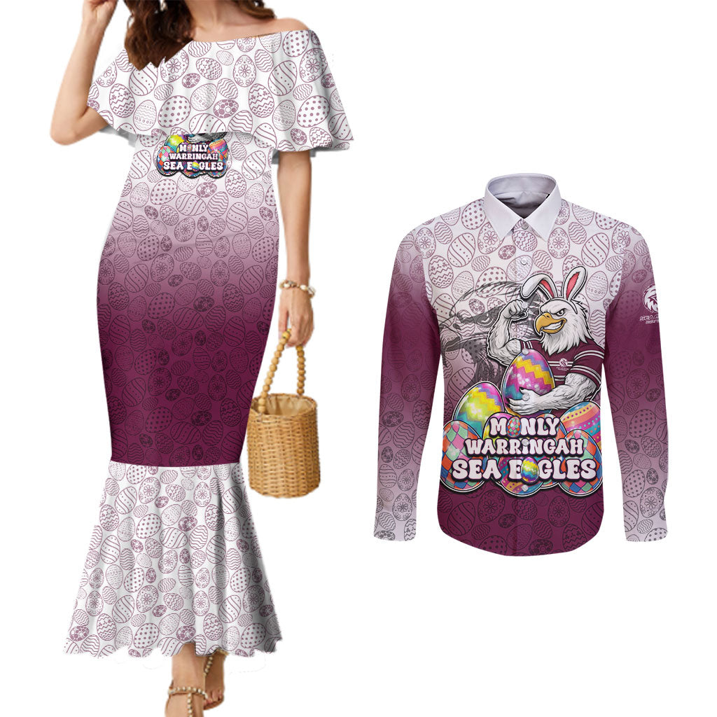Personalized Manly Warringah Sea Eagles Couples Matching Mermaid Dress and Long Sleeve Button Shirt Easter Mascot - Colorful Eggs Cartoon Style