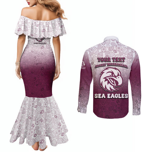 Personalized Manly Warringah Sea Eagles Couples Matching Mermaid Dress and Long Sleeve Button Shirt Easter Mascot - Colorful Eggs Cartoon Style