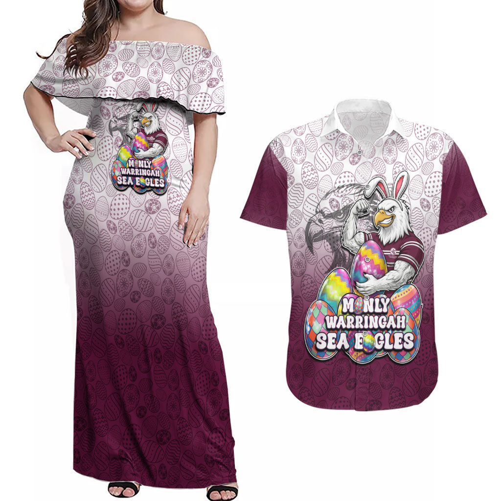 Personalized Manly Warringah Sea Eagles Couples Matching Off Shoulder Maxi Dress and Hawaiian Shirt Easter Mascot - Colorful Eggs Cartoon Style
