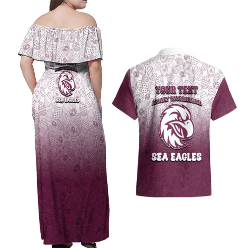 Personalized Manly Warringah Sea Eagles Couples Matching Off Shoulder Maxi Dress and Hawaiian Shirt Easter Mascot - Colorful Eggs Cartoon Style