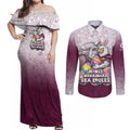 Personalized Manly Warringah Sea Eagles Couples Matching Off Shoulder Maxi Dress and Long Sleeve Button Shirt Easter Mascot - Colorful Eggs Cartoon Style