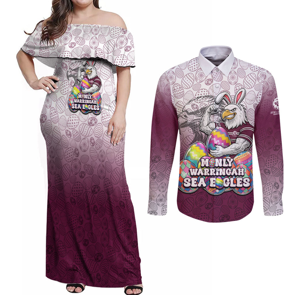 Personalized Manly Warringah Sea Eagles Couples Matching Off Shoulder Maxi Dress and Long Sleeve Button Shirt Easter Mascot - Colorful Eggs Cartoon Style
