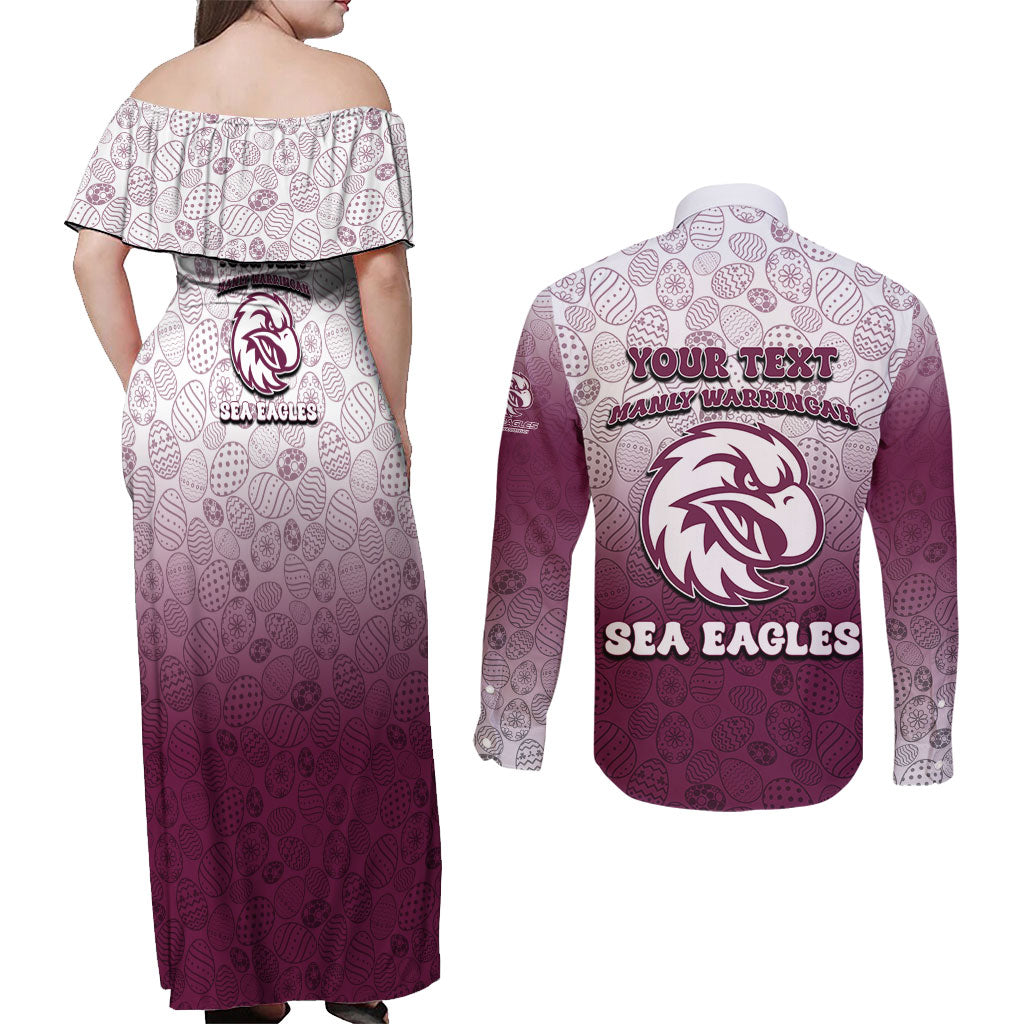 Personalized Manly Warringah Sea Eagles Couples Matching Off Shoulder Maxi Dress and Long Sleeve Button Shirt Easter Mascot - Colorful Eggs Cartoon Style