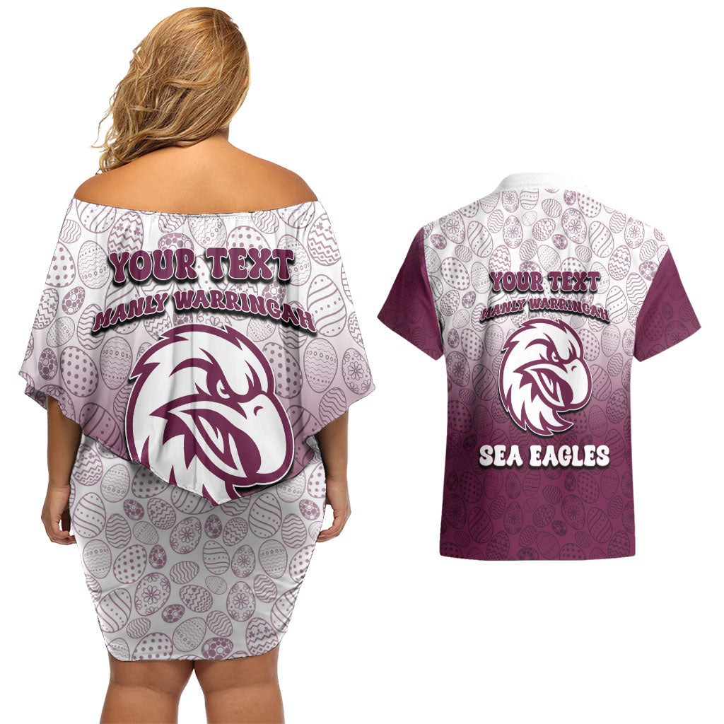 Personalized Manly Warringah Sea Eagles Couples Matching Off Shoulder Short Dress and Hawaiian Shirt Easter Mascot - Colorful Eggs Cartoon Style