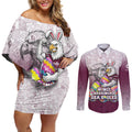 Personalized Manly Warringah Sea Eagles Couples Matching Off Shoulder Short Dress and Long Sleeve Button Shirt Easter Mascot - Colorful Eggs Cartoon Style