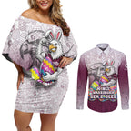 Personalized Manly Warringah Sea Eagles Couples Matching Off Shoulder Short Dress and Long Sleeve Button Shirt Easter Mascot - Colorful Eggs Cartoon Style
