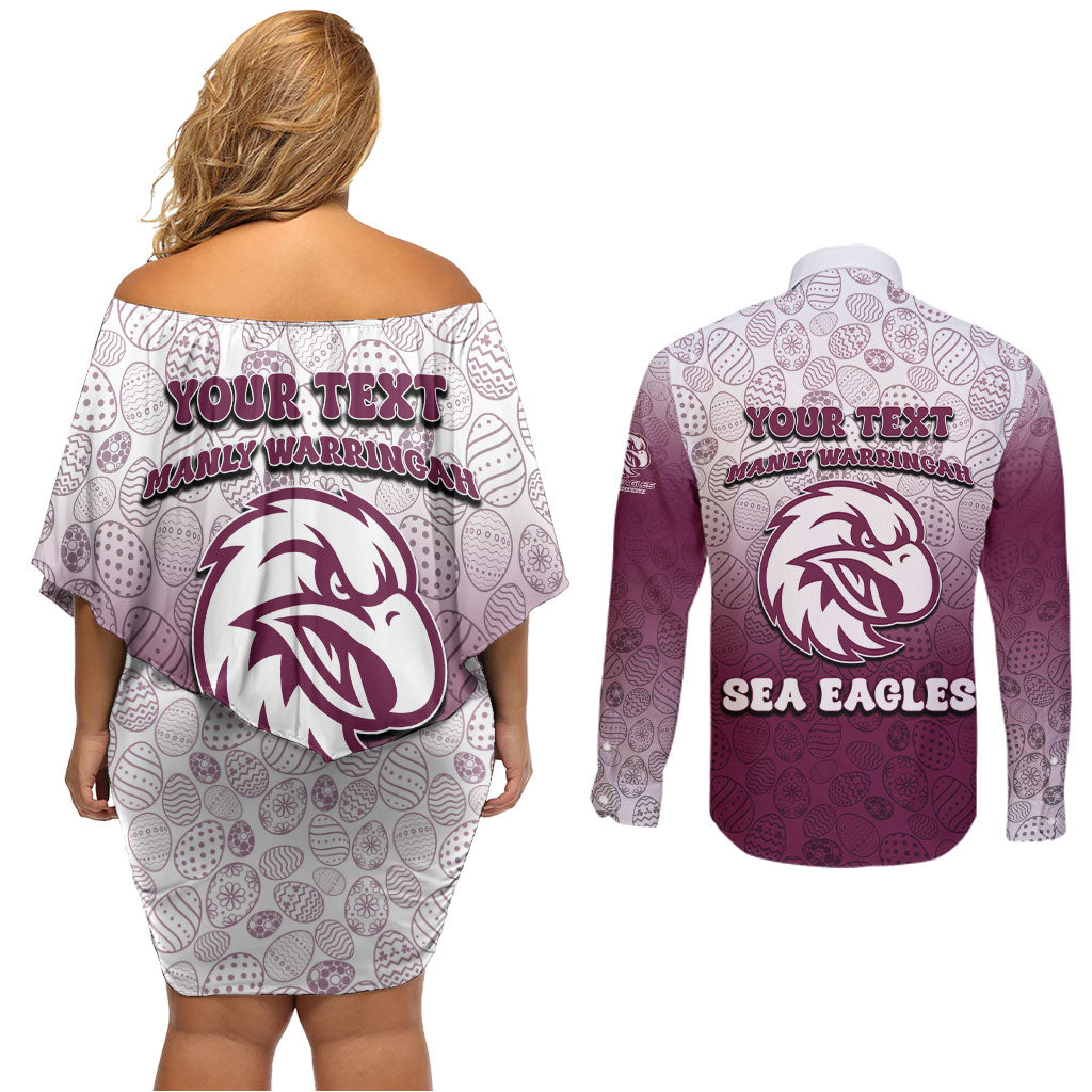 Personalized Manly Warringah Sea Eagles Couples Matching Off Shoulder Short Dress and Long Sleeve Button Shirt Easter Mascot - Colorful Eggs Cartoon Style
