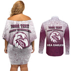 Personalized Manly Warringah Sea Eagles Couples Matching Off Shoulder Short Dress and Long Sleeve Button Shirt Easter Mascot - Colorful Eggs Cartoon Style